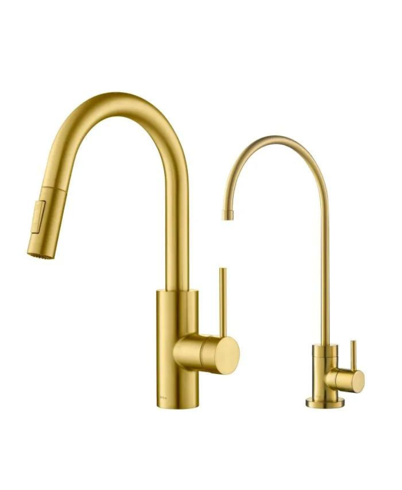 Oletto Pull-Down Kitchen Faucet and Water Filter Faucet Combo in Brushed Brass