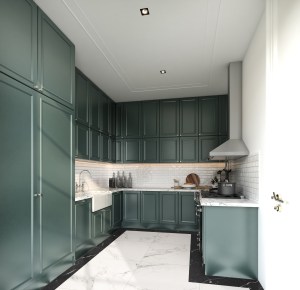 green cabinets with white marble