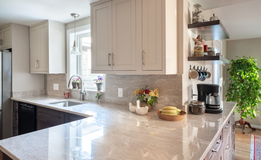 My Kitchen and Bath's recent kitchen remodeling project photos in Vienna, VA - Featuring Taj Mahal Quartzite Countertops and Backsplash
