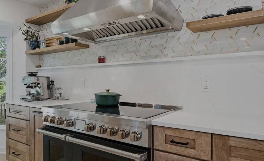 Stone Backsplash Ledge with floating shelves - Kitchen Remodel in Herndon, VA - My Kitchen and Bath Herndon