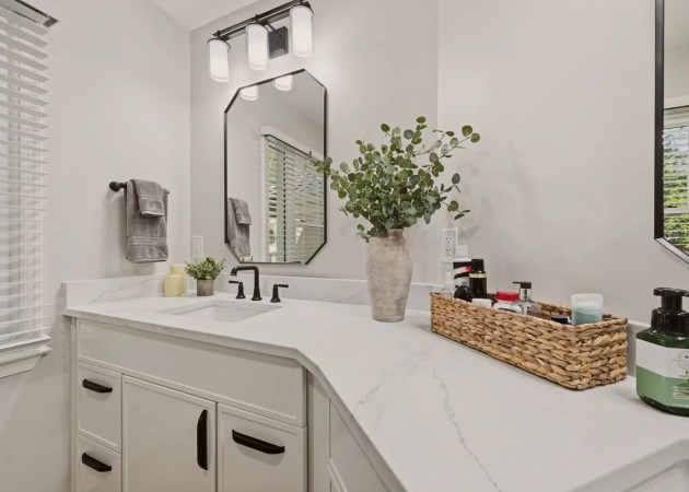 bathroom remodel with wood look tile - vienna va