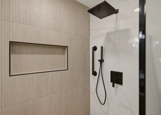 bathroom remodel with wood look tile - vienna va