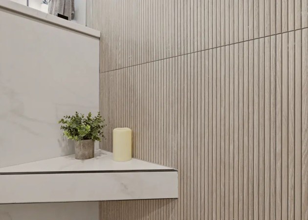 wood look ribbon tile shower