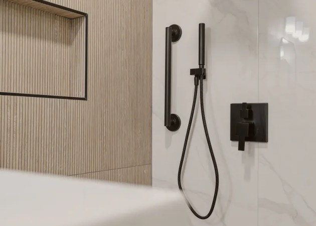 wood look shower with black faucet