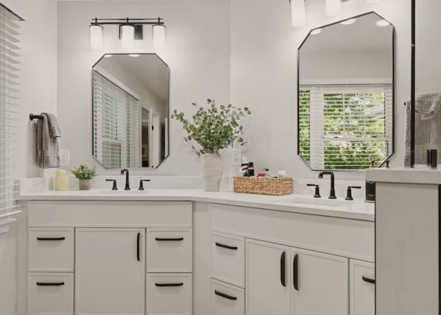 white vanity with wood look tile